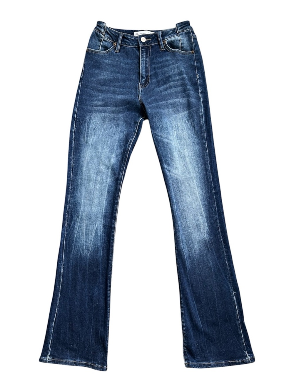 Kancan Dark Denim Bootcut Jeans with intentional fade size 25